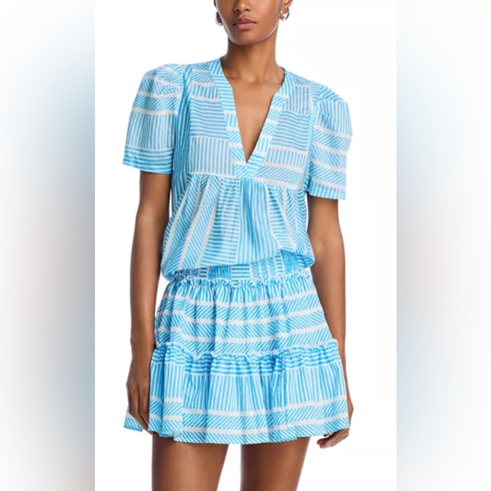 Aqua Sky Blue Patterned V Neck Blouse - Picture 1 of 5